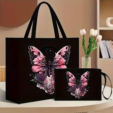 2pcs Floral and Butterfly Print Tote Bag Set with Matching Wallet, Magnetic Snap Closure, Durable Canvas Material, Foldable Design for Shopping and Travel - Includes Care Instructions