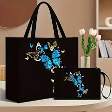 2pcs Floral and Butterfly Print Tote Bag Set with Matching Wallet, Magnetic Snap Closure, Durable Canvas Material, Foldable Design for Shopping and Travel - Includes Care Instructions