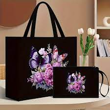 2pcs Floral and Butterfly Print Tote Bag Set with Matching Wallet, Magnetic Snap Closure, Durable Canvas Material, Foldable Design for Shopping and Travel - Includes Care Instructions